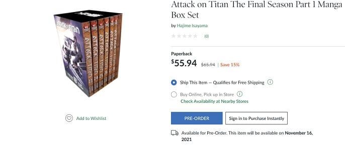 Barnes and Noble Attack on Titans Box Set Price