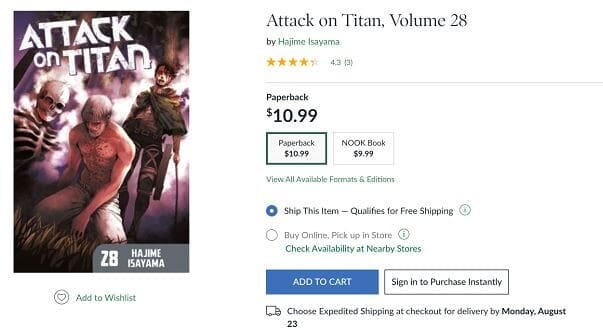 Barnes and Noble Attack on Titans Volume Price